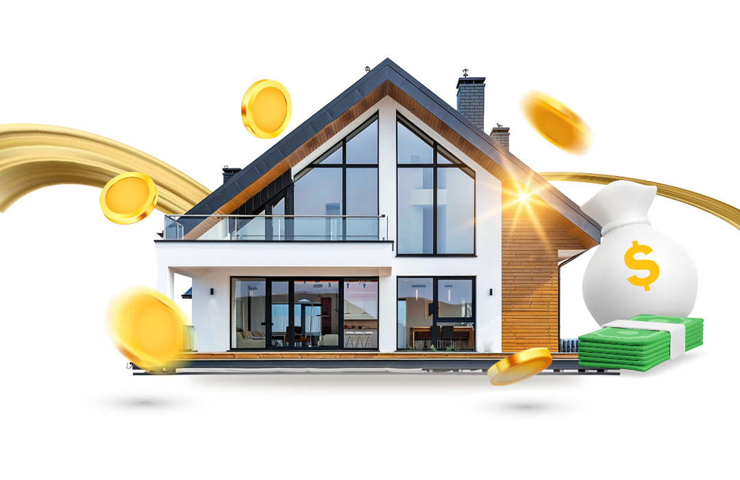 A home financing statement with a house and coins