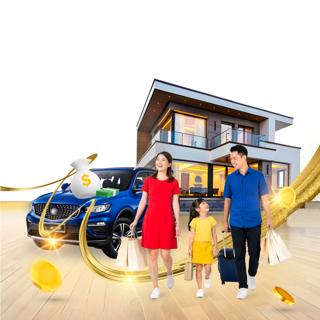 A family walking home debt-free with their house, car and shopping